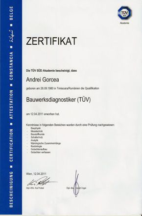 Zertifikat Bauwerksdiagnostnik TÜV